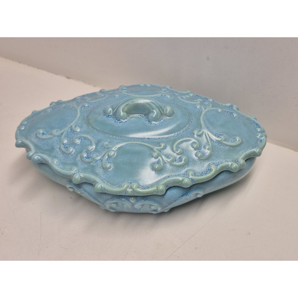 Vintage Ornate Holland Mold Ceramic Light Blue Covered Trinket/Candy Dish